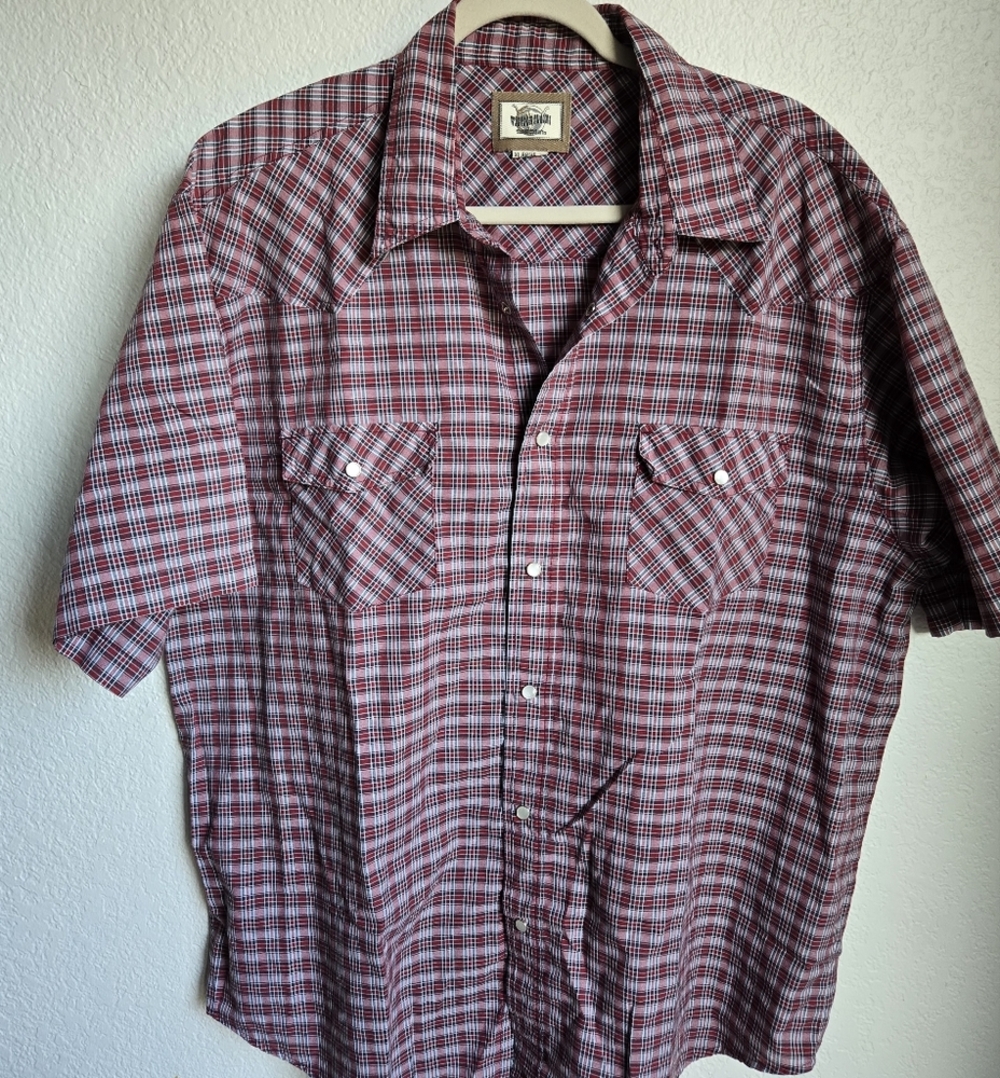 Vtg Western Plains Trading Co Men's Red Short Sleeve Pearl Snap Shirt Size XL